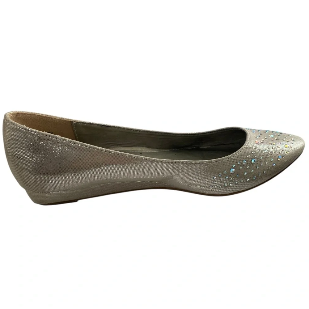 Laundry Metallic Beige Gold Ballet Flats Siver Rhinestones Pointed Toe Party 8.5